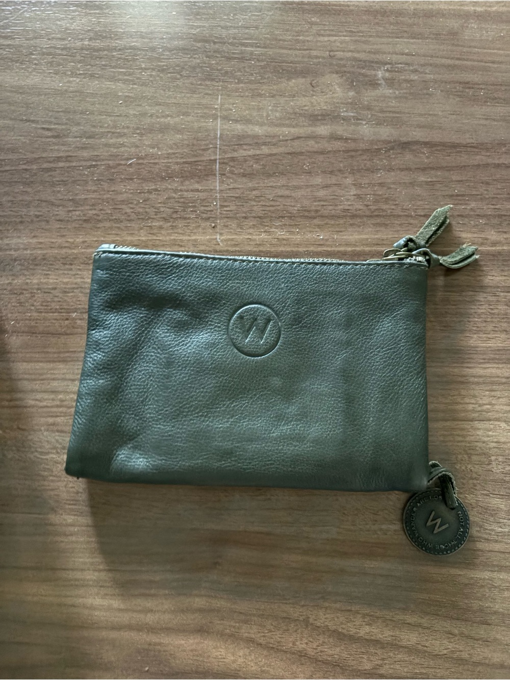 Leather Wristlet Clutch in Olive Green with Embossed Logo